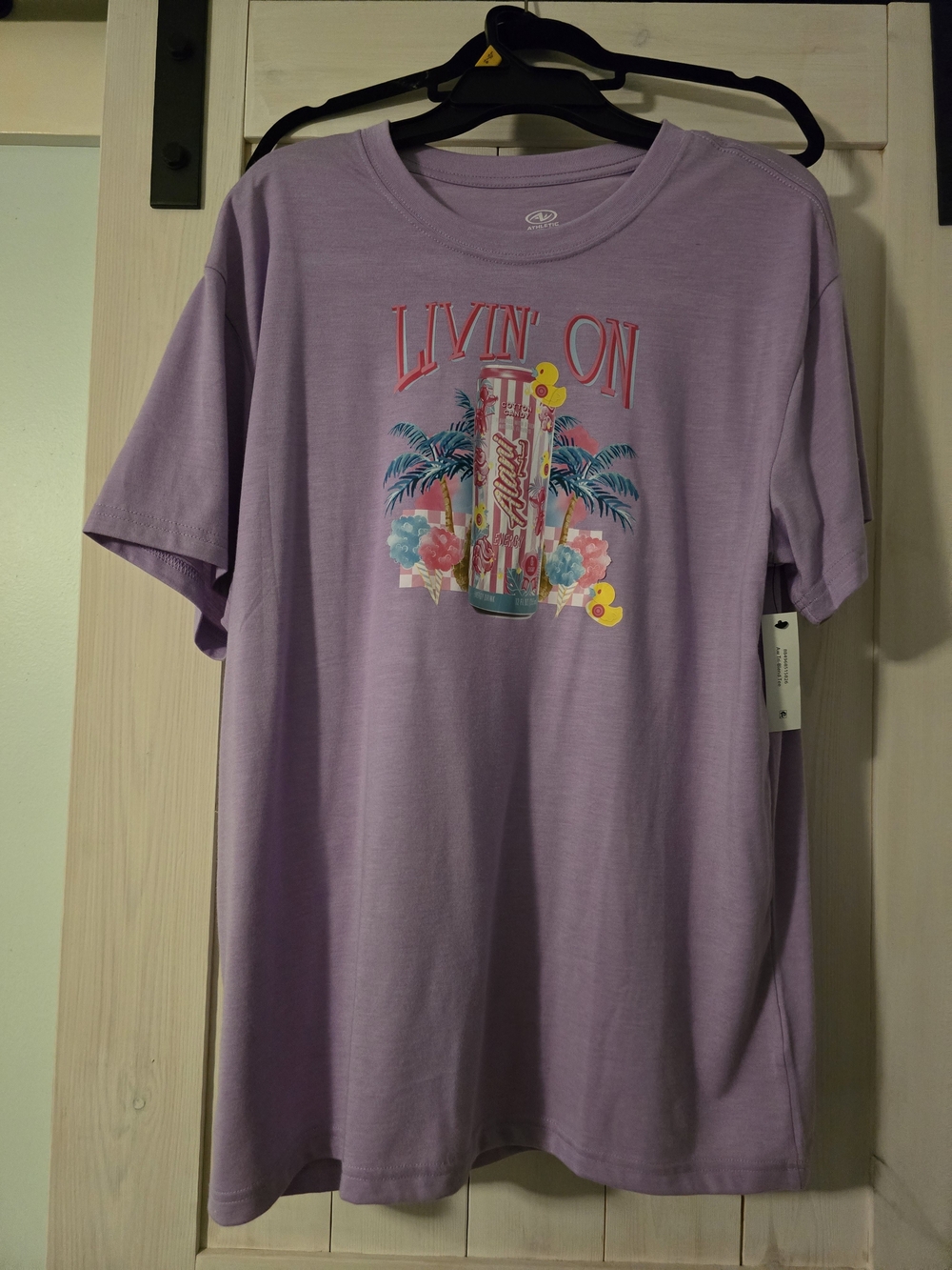 Athletic Works Lavender Graphic Tee with Tropical Can Design